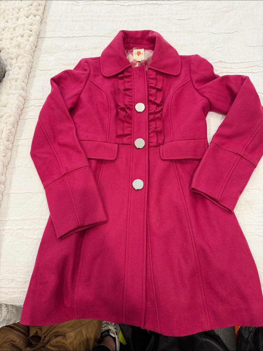 Tulle Ruffle-Trim Pea Coat in Magenta